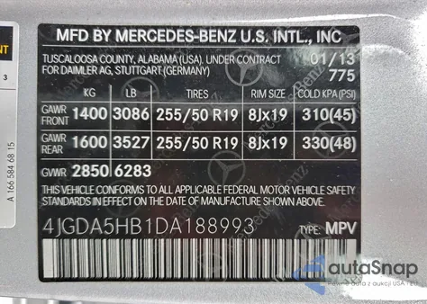2013 Mercedes-Benz Ml 350 4Matic из США, поврежденный, VIN 4JGDA5HB1DA188993